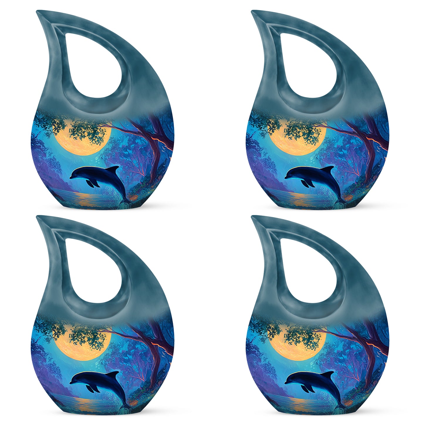 Soft Teal Dolphin Cremation Urn lifestyle display on memorial shelf - cross and dolphin combined in spiritual memorial design - 10 inch aluminum urn for cremated remains