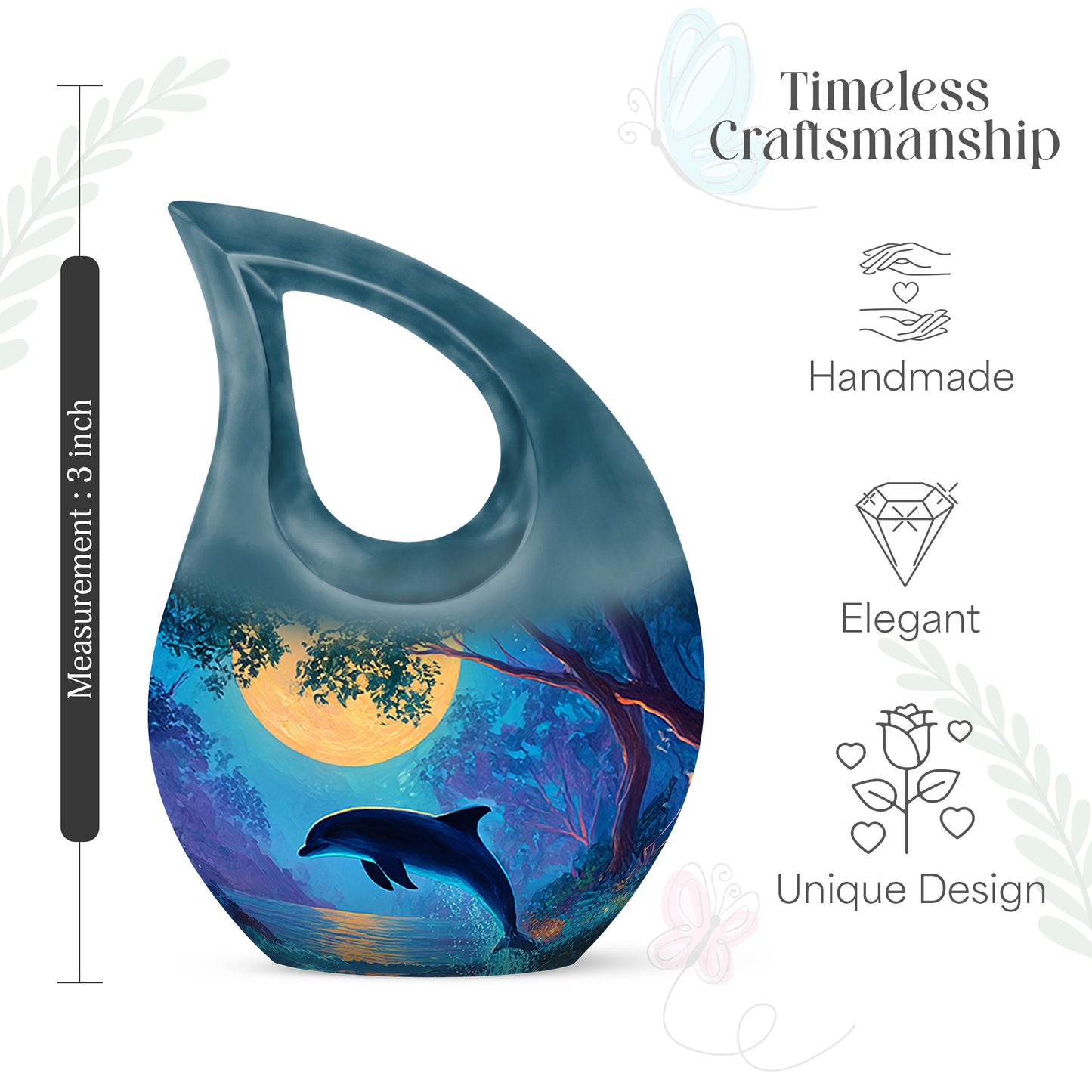 Sea Green Teal Dolphin Cremation Urn back view with polished surface - cross and dolphin combined in spiritual memorial design - mini keepsake memorial for portion of cremation ashes