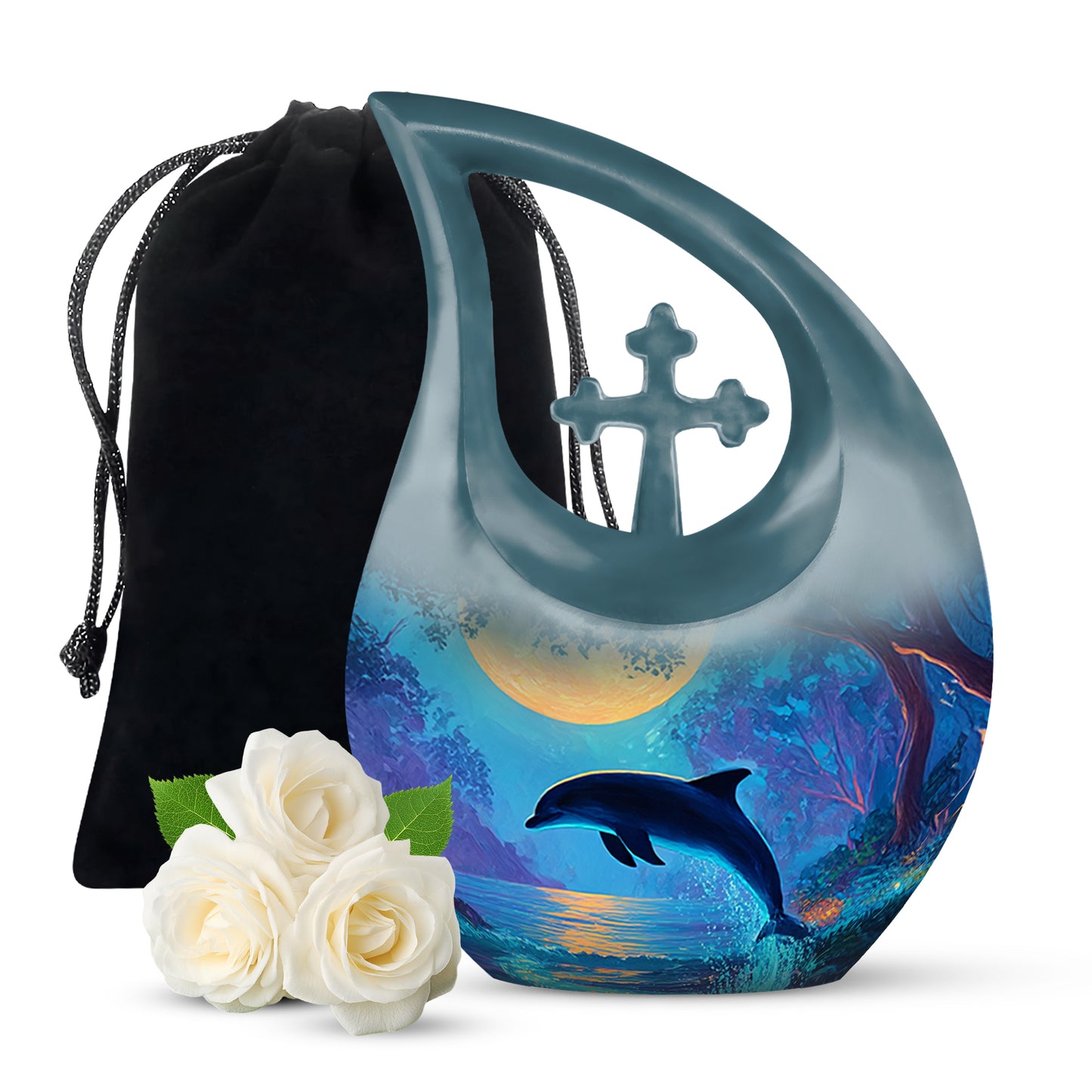 Deep Teal Dolphin Cremation Urn top-down view of secure threaded lid - faith-inspired cross-drop urn with dolphin pattern - full-size 10 inch 200 cubic inch adult cremation urn