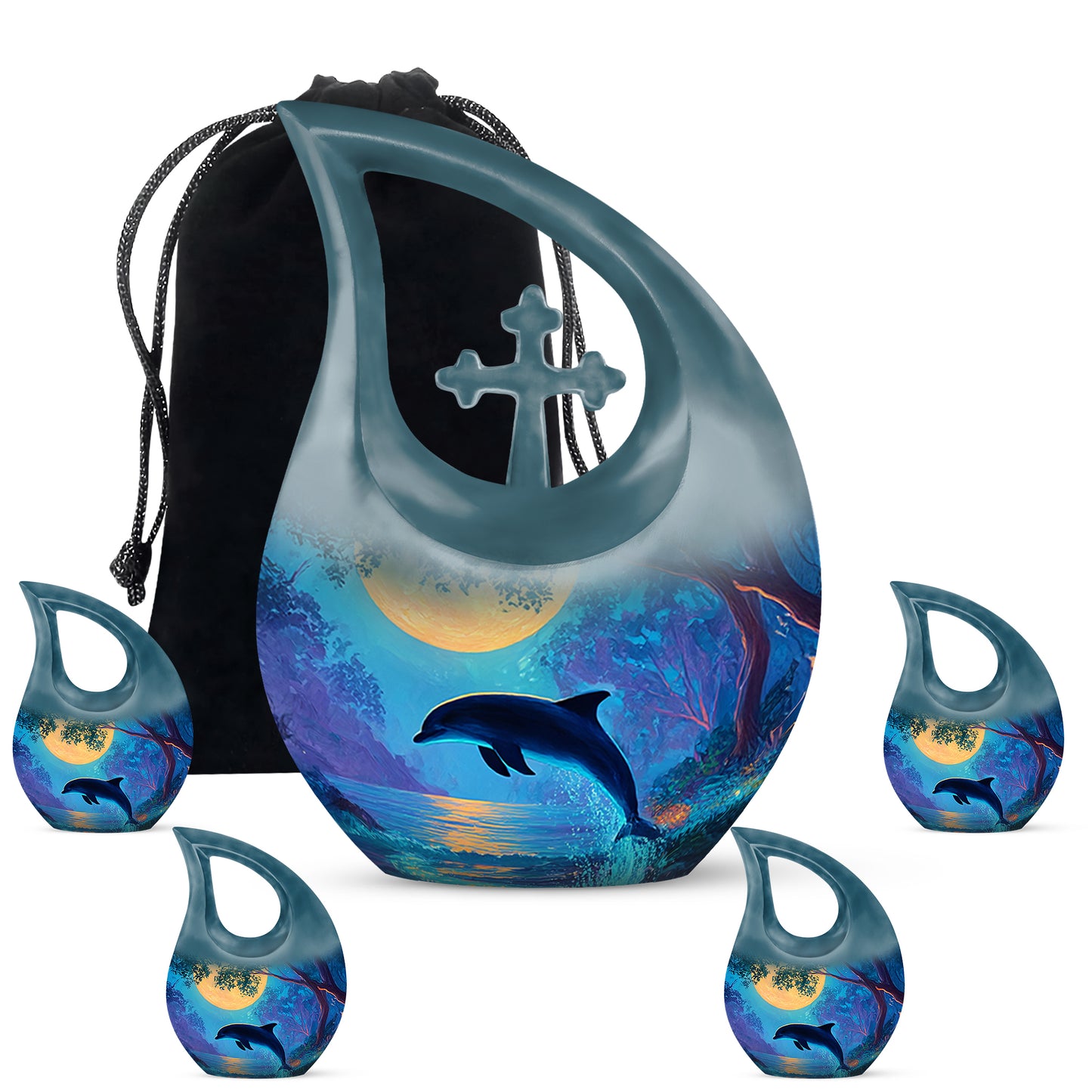 Vivid Teal Dolphin Cremation Urn urn with complimentary velvet bag - faith-inspired cross-drop urn with dolphin pattern - memorial set with one large and four small urns