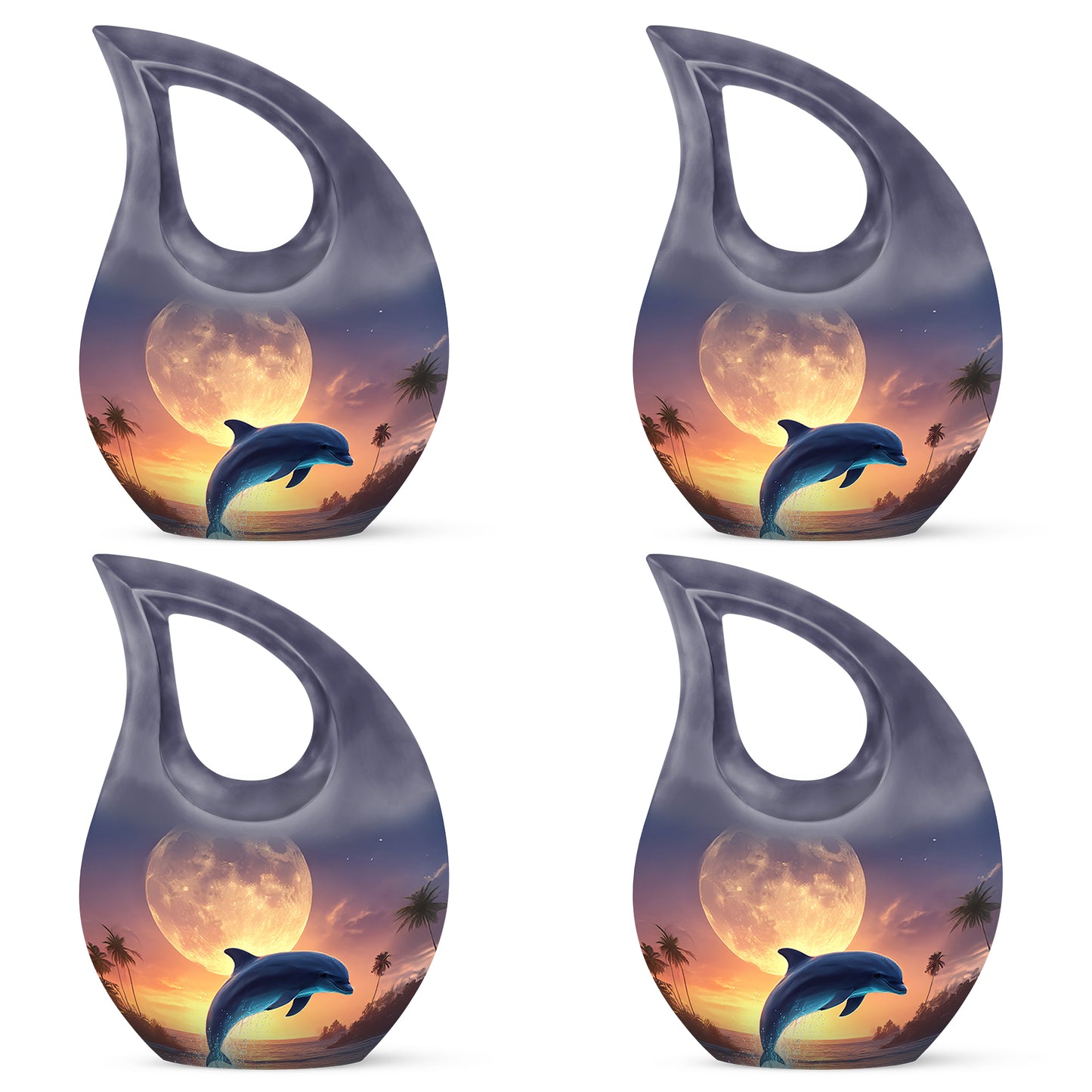 Mist Gray Dolphin Cremation Urn lifestyle display on memorial shelf - sacred cross merged with dolphin motif on metal - 10 inch aluminum urn for cremated remains