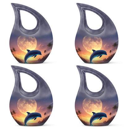 Mist Gray Dolphin Cremation Urn lifestyle display on memorial shelf - sacred cross merged with dolphin motif on metal - 10 inch aluminum urn for cremated remains
