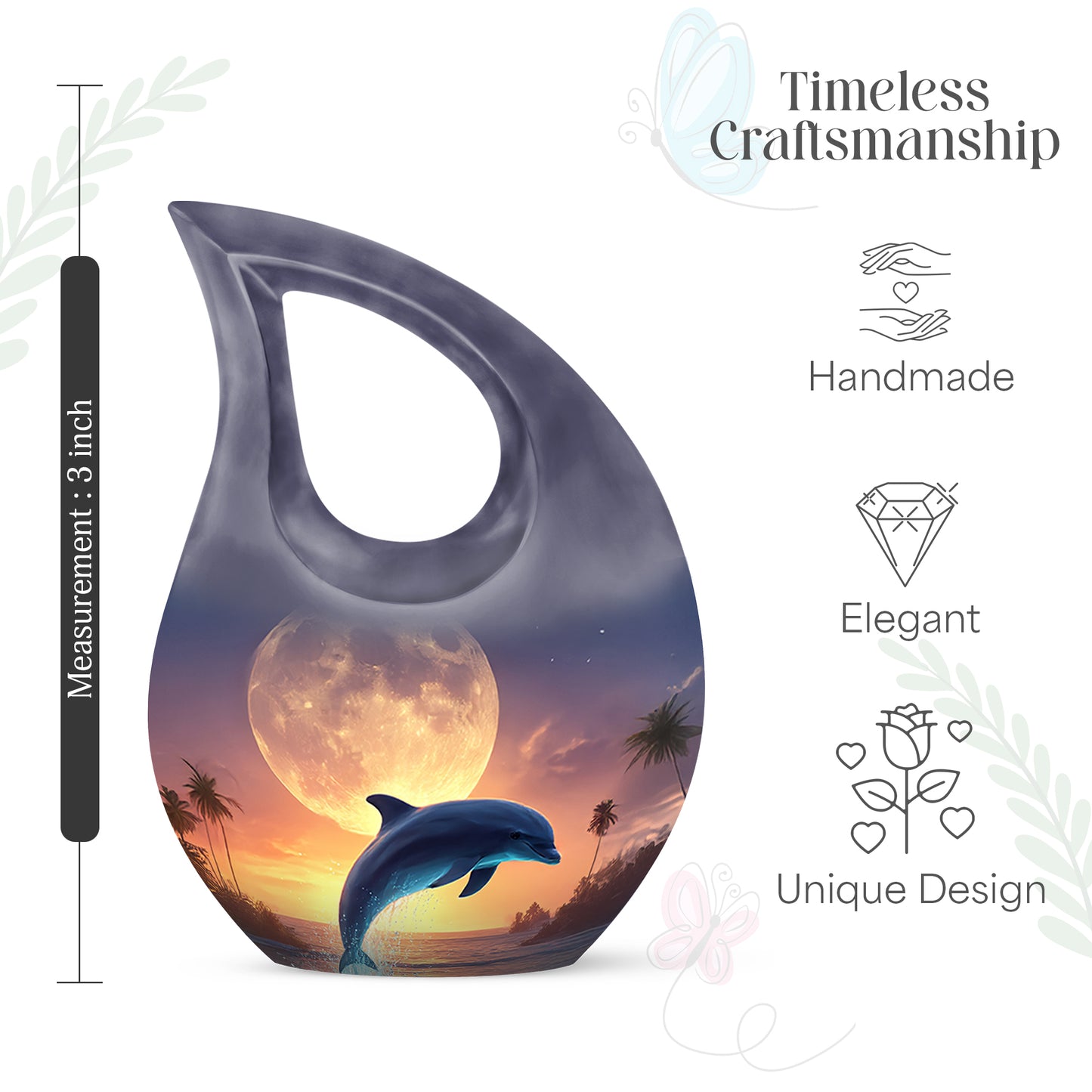 Steel Gray Dolphin Cremation Urn back view with polished surface - devotional cross-drop dolphin engraving - mini keepsake memorial for portion of cremation ashes