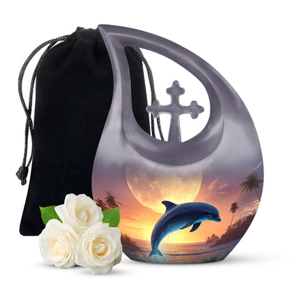 Ash Gray Dolphin Cremation Urn top-down view of secure threaded lid - faith-inspired cross-drop urn with dolphin pattern - full-size 10 inch 200 cubic inch adult cremation urn
