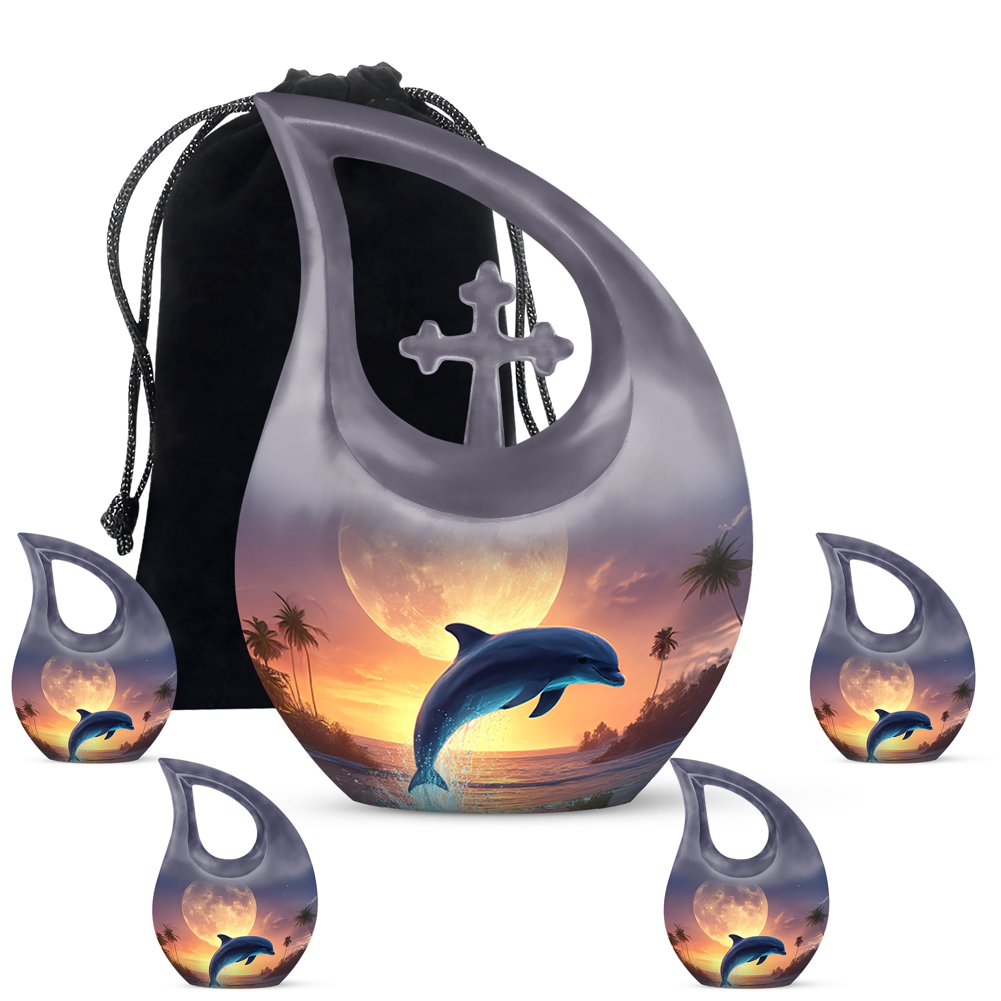 Storm Gray Dolphin Cremation Urn urn with complimentary velvet bag - devotional cross-drop dolphin engraving - memorial set with one large and four small urns