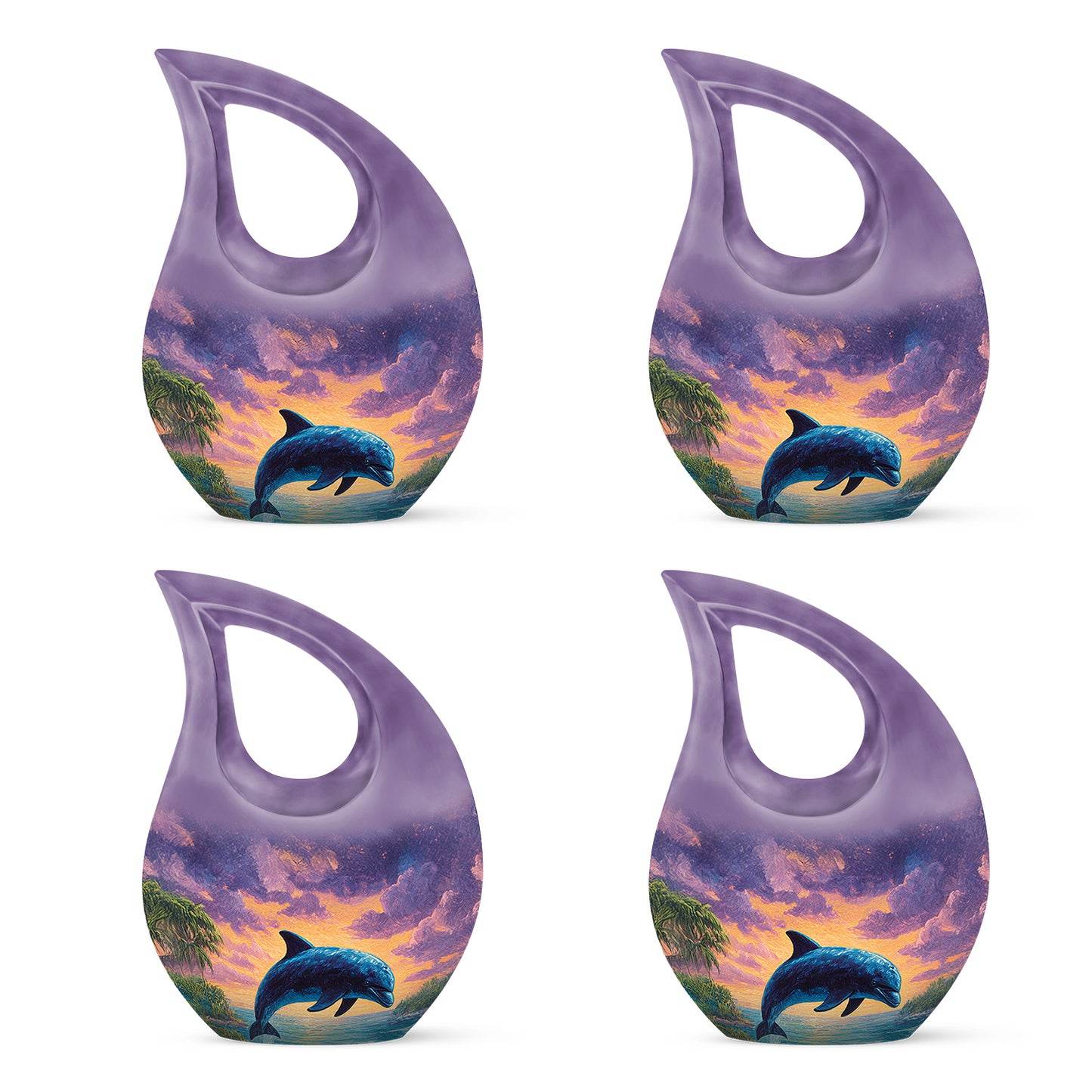 Serene Blue Dolphin Cremation Urn lifestyle display on memorial shelf - devotional cross-drop dolphin engraving - 10 inch aluminum urn for cremated remains