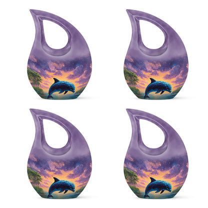 Serene Blue Dolphin Cremation Urn lifestyle display on memorial shelf - devotional cross-drop dolphin engraving - 10 inch aluminum urn for cremated remains