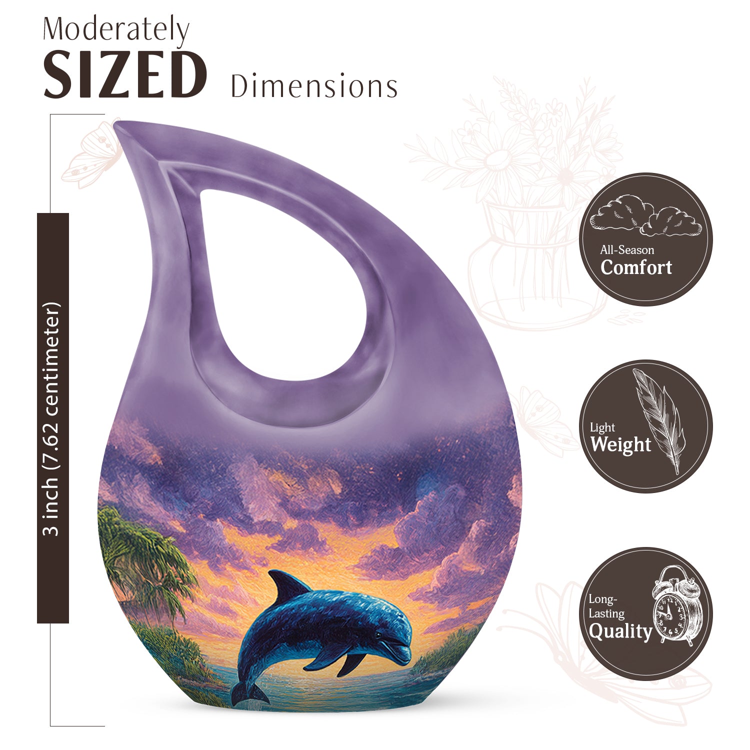 Sapphire Blue Dolphin Cremation Urn back view with polished surface - faith-inspired cross-drop urn with dolphin pattern - mini keepsake memorial for portion of cremation ashes