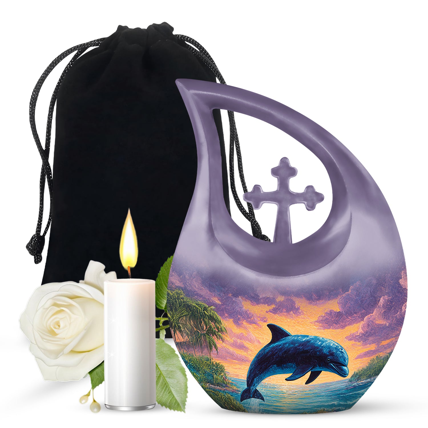 Celestial Blue Dolphin Cremation Urn top-down view of secure threaded lid - sacred cross merged with dolphin motif on metal - full-size 10 inch 200 cubic inch adult cremation urn