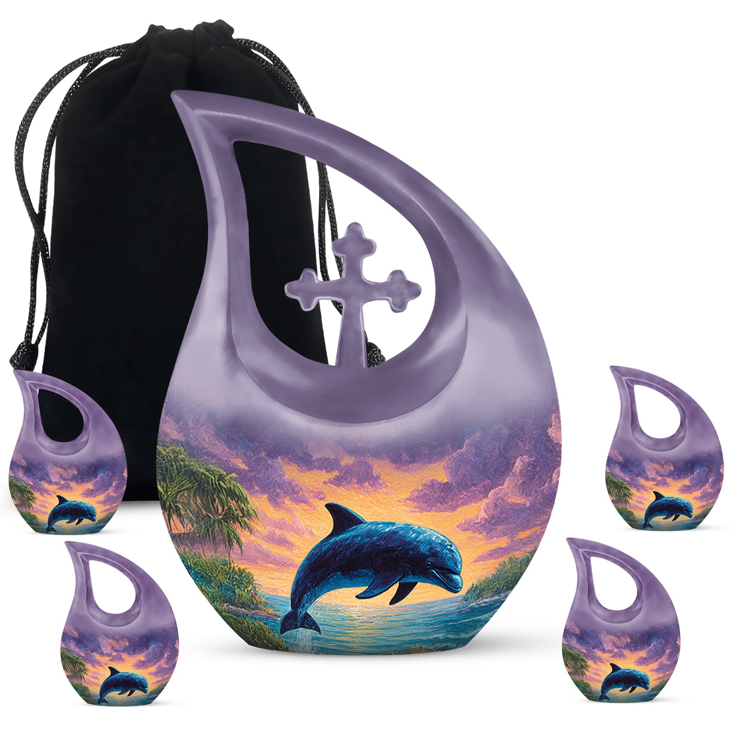 Serene Blue Dolphin Cremation Urn urn with complimentary velvet bag - devotional cross-drop dolphin engraving - memorial set with one large and four small urns