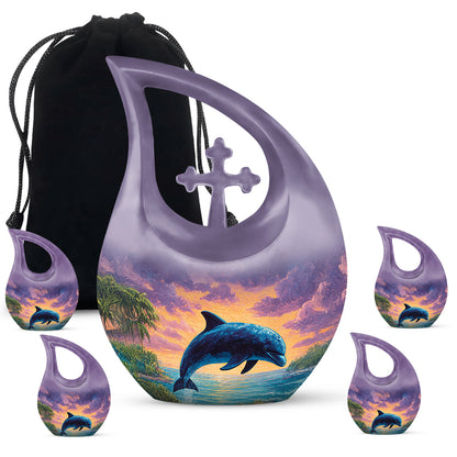 Serene Blue Dolphin Cremation Urn urn with complimentary velvet bag - devotional cross-drop dolphin engraving - memorial set with one large and four small urns