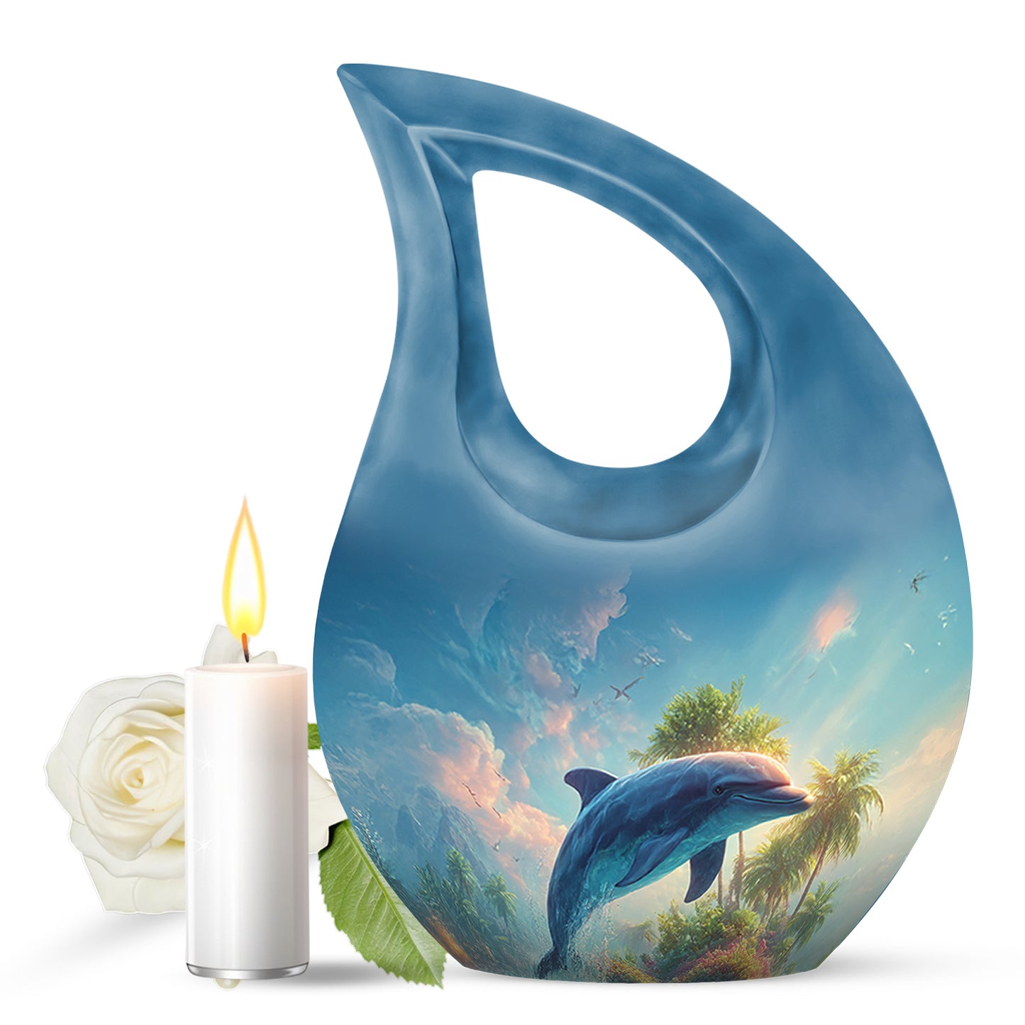 Blue Serene Dolphin Memorial Urn for Ashes - 10-inch, 200 cu in - Yatskia