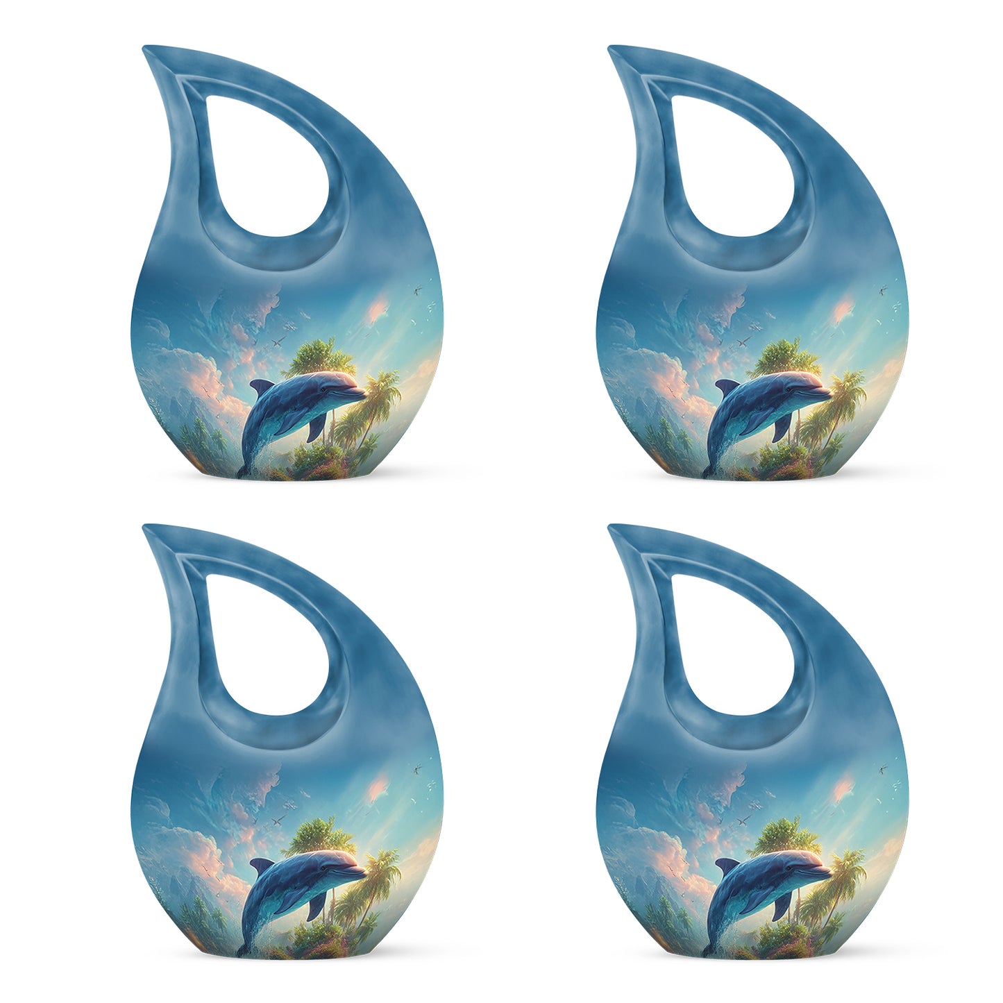 Navy Blue Dolphin Cremation Urn lifestyle display on memorial shelf - cross and dolphin combined in spiritual memorial design - 10 inch aluminum urn for cremated remains