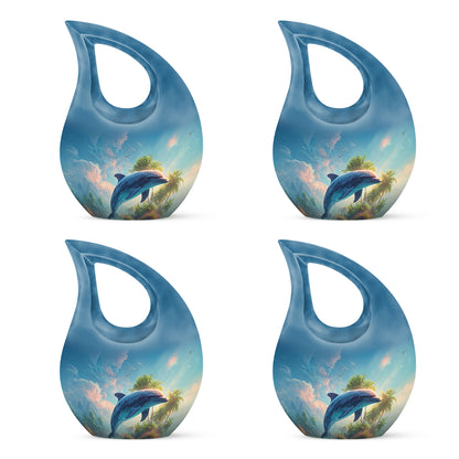 Navy Blue Dolphin Cremation Urn lifestyle display on memorial shelf - cross and dolphin combined in spiritual memorial design - 10 inch aluminum urn for cremated remains