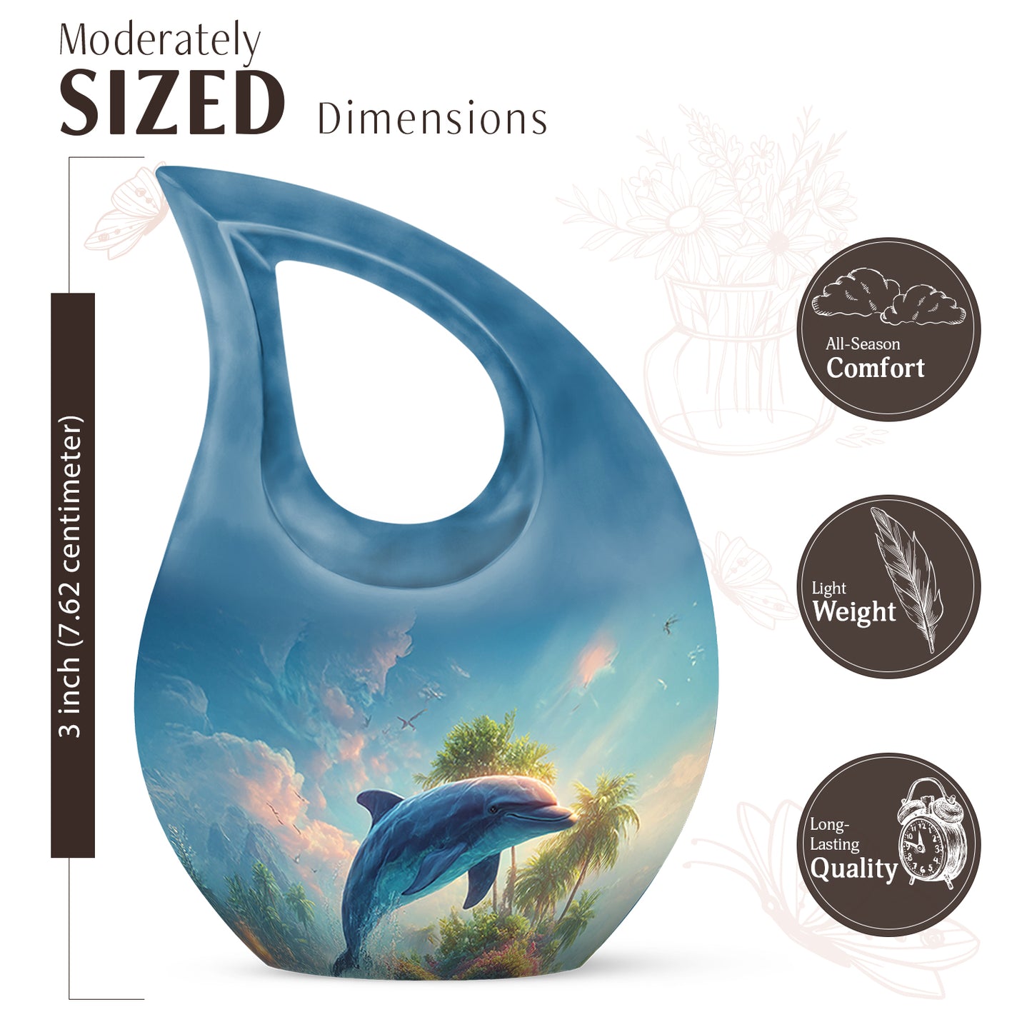 Bright Blue Dolphin Cremation Urn back view with polished surface - devotional cross-drop dolphin engraving - mini keepsake memorial for portion of cremation ashes