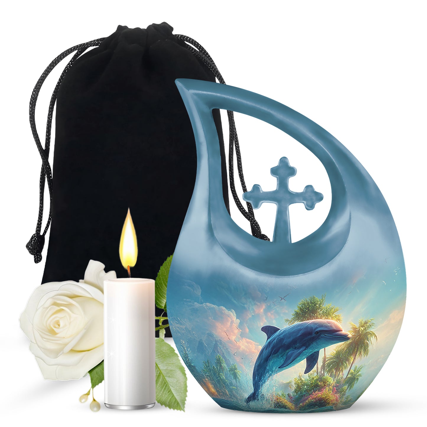 Steel Blue Dolphin Cremation Urn top-down view of secure threaded lid - devotional cross-drop dolphin engraving - full-size 10 inch 200 cubic inch adult cremation urn