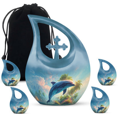Azure Dolphin Cremation Urn urn with complimentary velvet bag - cross and dolphin combined in spiritual memorial design - memorial set with one large and four small urns