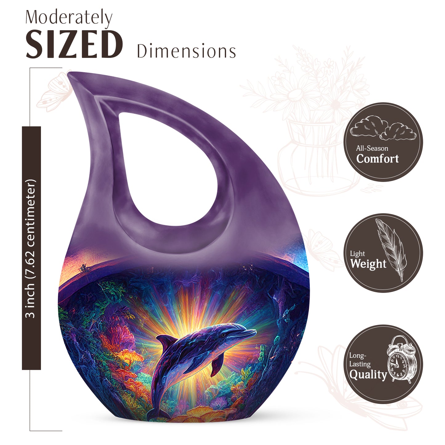 Vintage Pink Dolphin Cremation Urn back view with polished surface - devotional cross-drop dolphin engraving - mini keepsake memorial for portion of cremation ashes