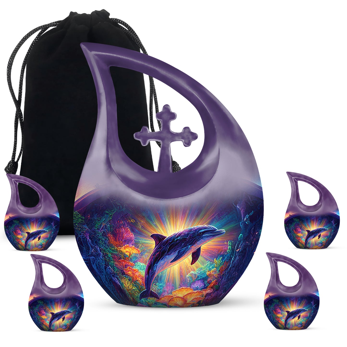 Peony Pink Dolphin Cremation Urn urn with complimentary velvet bag - sacred cross merged with dolphin motif on metal - memorial set with one large and four small urns