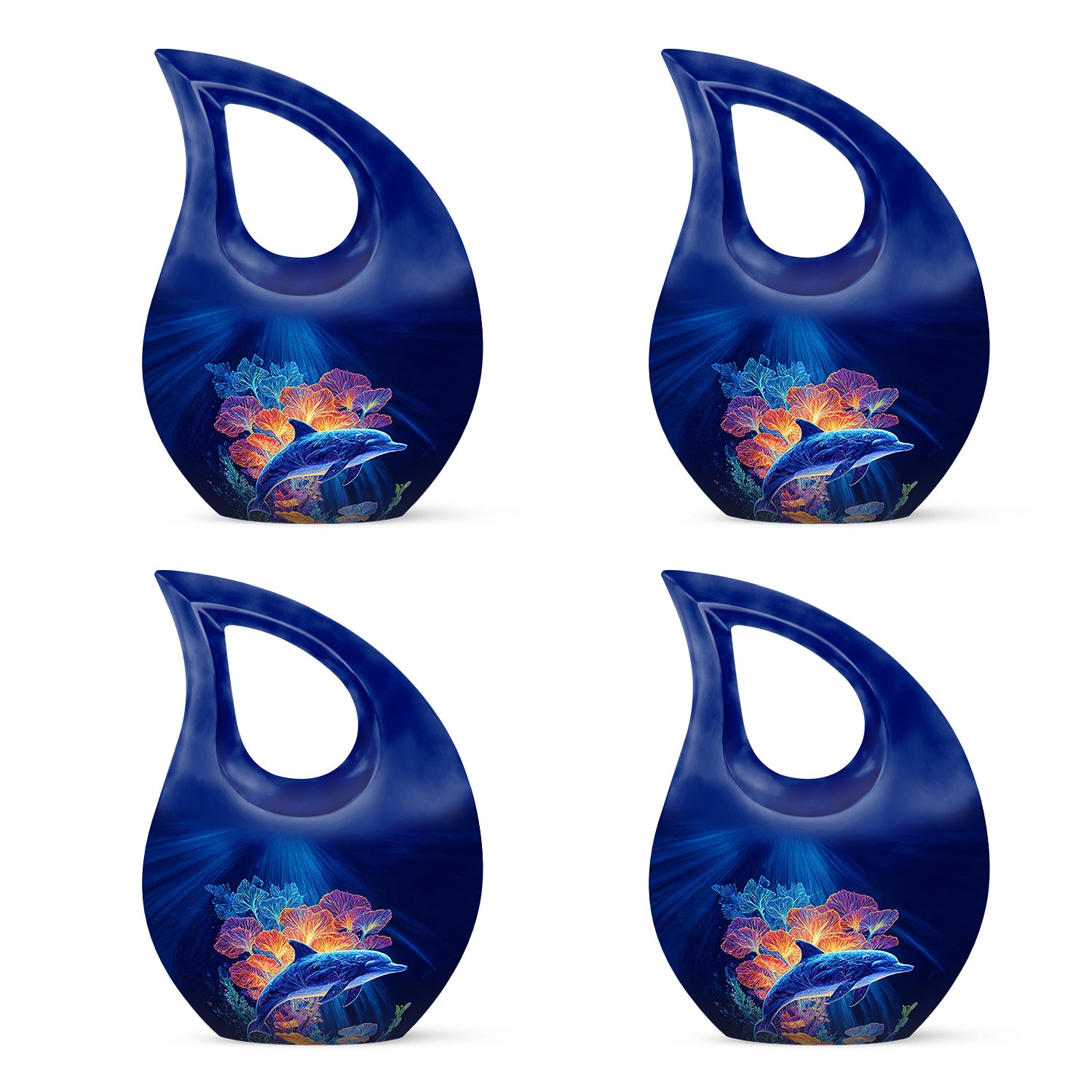 Calming Blue Dolphin Cremation Urn lifestyle display on memorial shelf - faith-inspired cross-drop urn with dolphin pattern - 10 inch aluminum urn for cremated remains