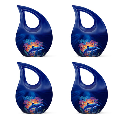 Calming Blue Dolphin Cremation Urn lifestyle display on memorial shelf - faith-inspired cross-drop urn with dolphin pattern - 10 inch aluminum urn for cremated remains