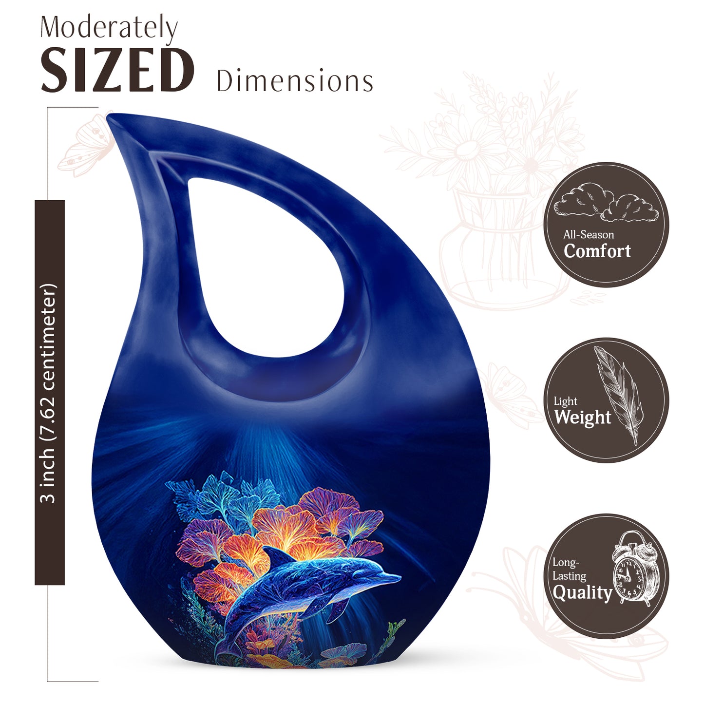 Azure Dolphin Cremation Urn back view with polished surface - cross and dolphin combined in spiritual memorial design - mini keepsake memorial for portion of cremation ashes