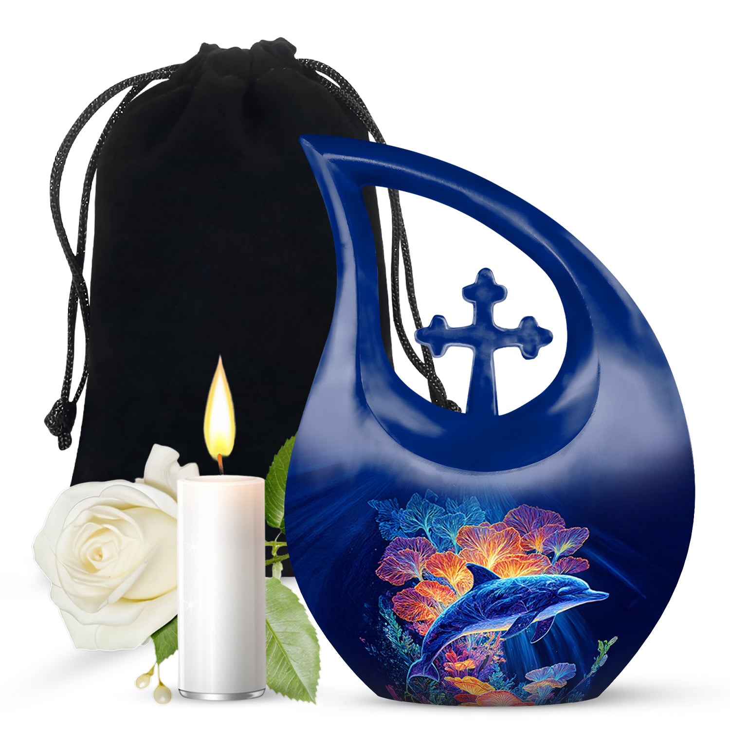 Bright Blue Dolphin Cremation Urn top-down view of secure threaded lid - devotional cross-drop dolphin engraving - full-size 10 inch 200 cubic inch adult cremation urn