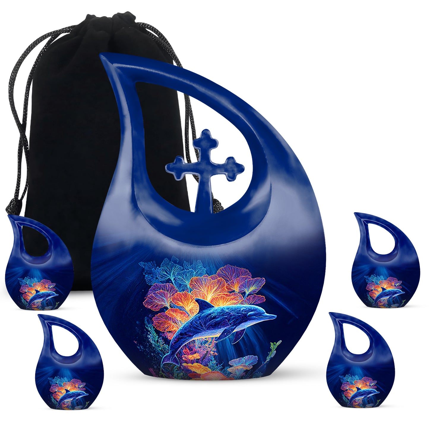 Cornflower Blue Dolphin Cremation Urn urn with complimentary velvet bag - devotional cross-drop dolphin engraving - memorial set with one large and four small urns