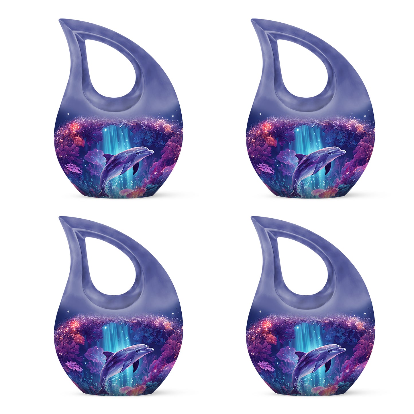 Twilight Blue Dolphin Cremation Urn lifestyle display on memorial shelf - faith-inspired cross-drop urn with dolphin pattern - 10 inch aluminum urn for cremated remains