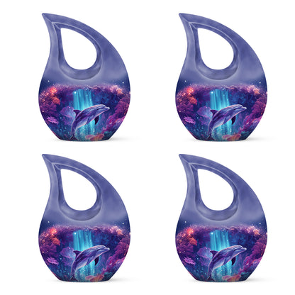 Twilight Blue Dolphin Cremation Urn lifestyle display on memorial shelf - faith-inspired cross-drop urn with dolphin pattern - 10 inch aluminum urn for cremated remains