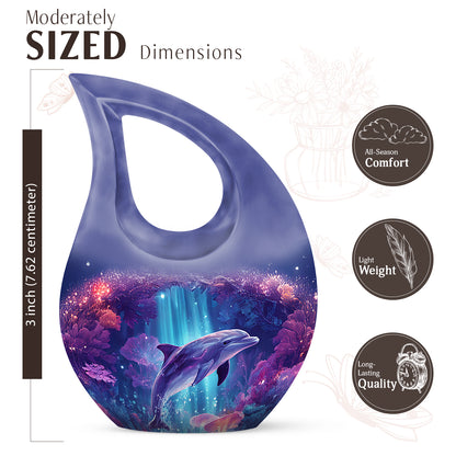 Powder Blue Dolphin Cremation Urn back view with polished surface - sacred cross merged with dolphin motif on metal - mini keepsake memorial for portion of cremation ashes