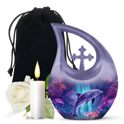 Azure Dolphin Cremation Urn top-down view of secure threaded lid - cross and dolphin combined in spiritual memorial design - full-size 10 inch 200 cubic inch adult cremation urn