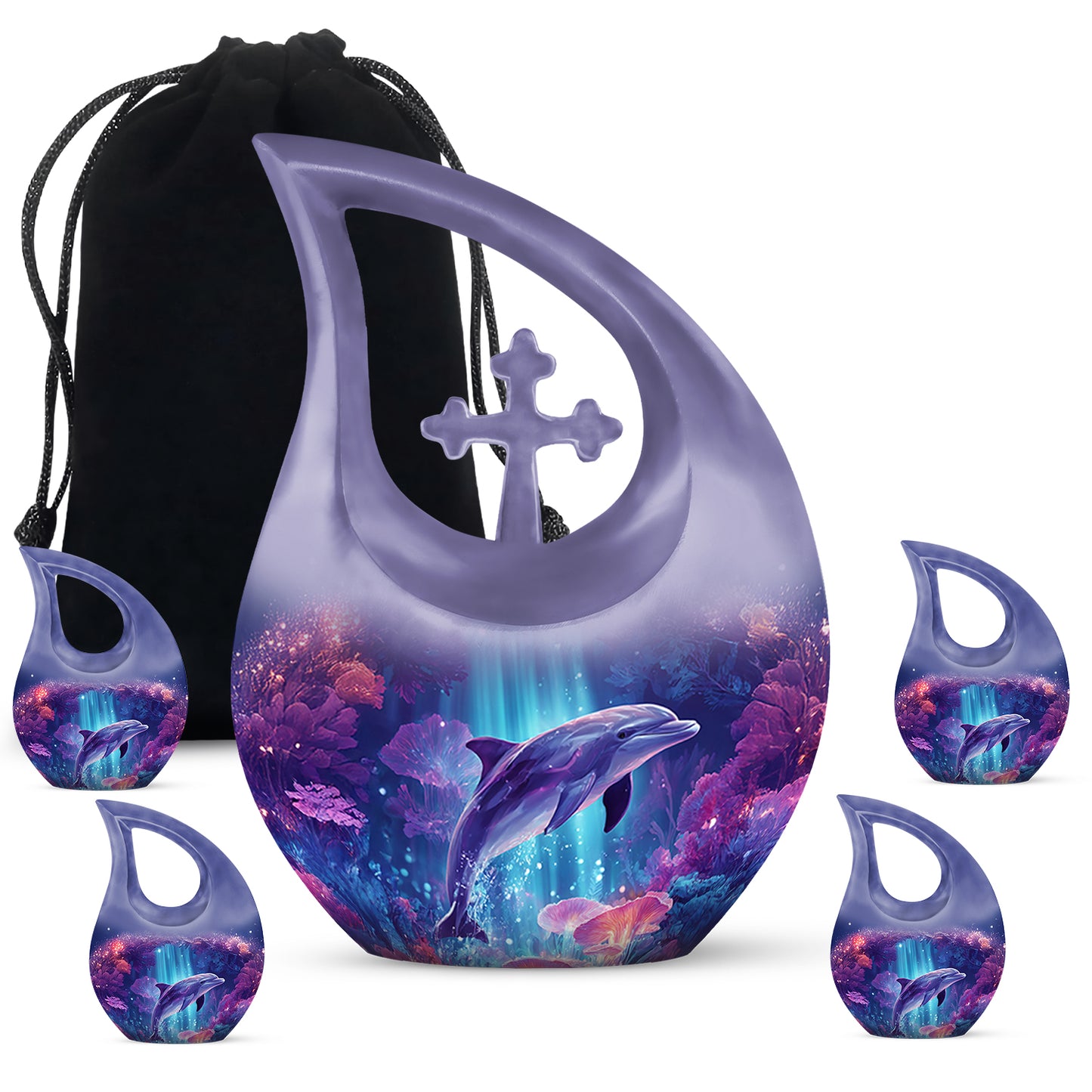 Slate Blue Dolphin Cremation Urn urn with complimentary velvet bag - cross and dolphin combined in spiritual memorial design - memorial set with one large and four small urns