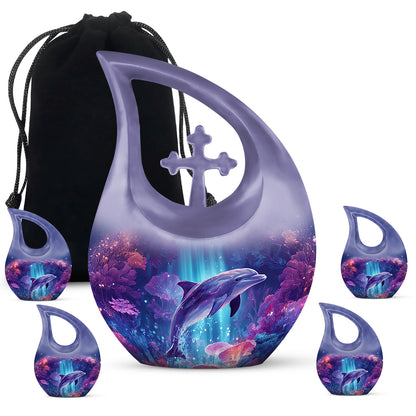 Slate Blue Dolphin Cremation Urn urn with complimentary velvet bag - cross and dolphin combined in spiritual memorial design - memorial set with one large and four small urns