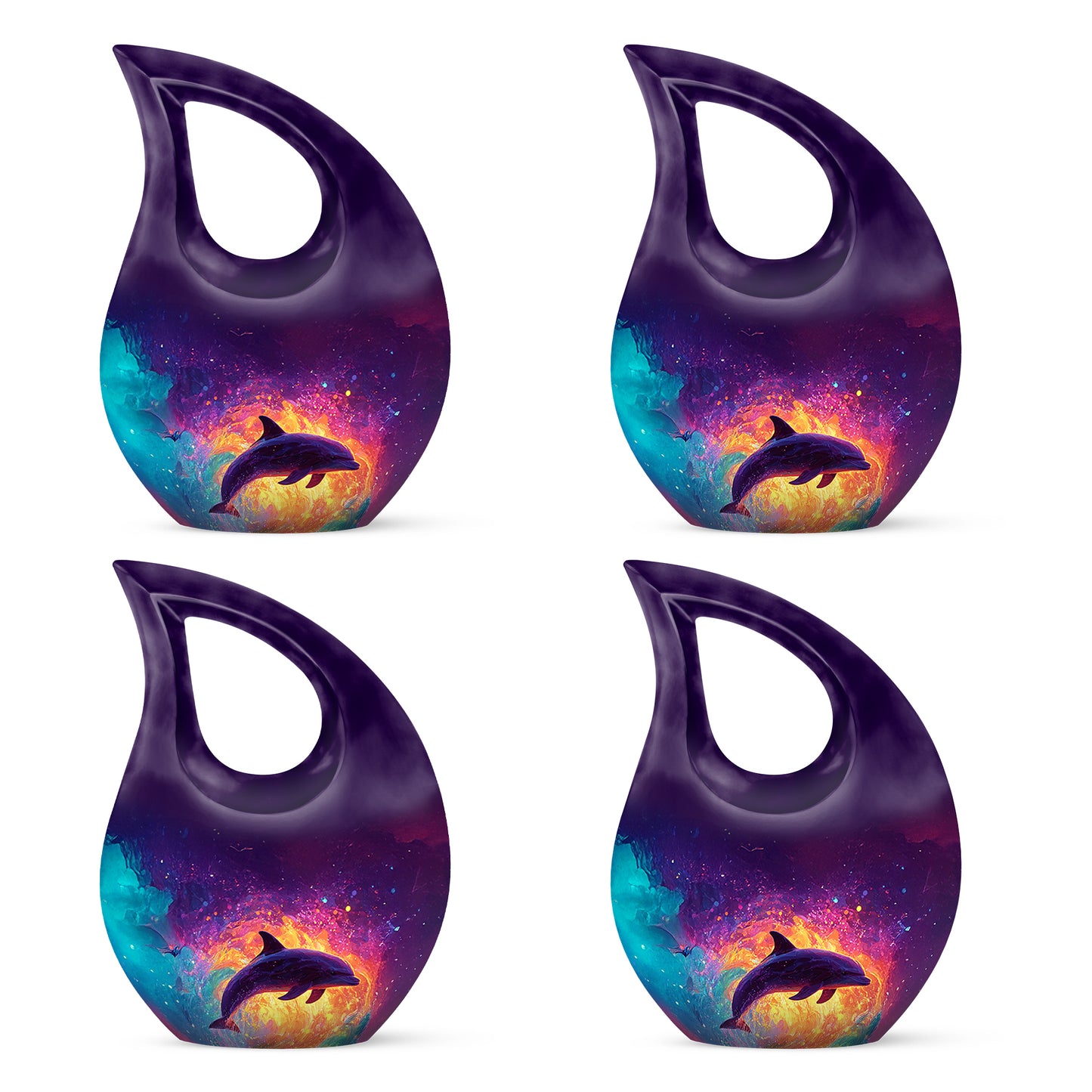 Royal Purple Dolphin Cremation Urn lifestyle display on memorial shelf - faith-inspired cross-drop urn with dolphin pattern - 10 inch aluminum urn for cremated remains