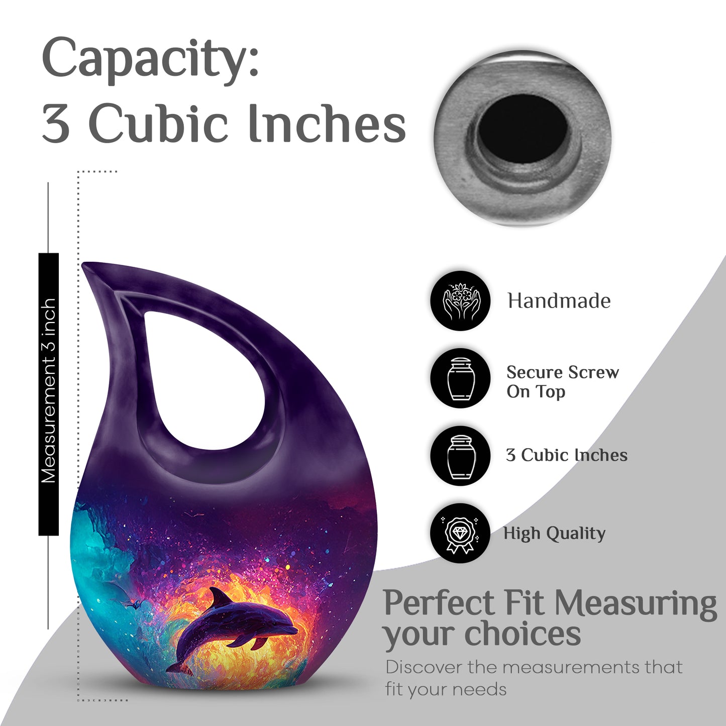 Royal Purple Dolphin Cremation Urn back view with polished surface - devotional cross-drop dolphin engraving - mini keepsake memorial for portion of cremation ashes