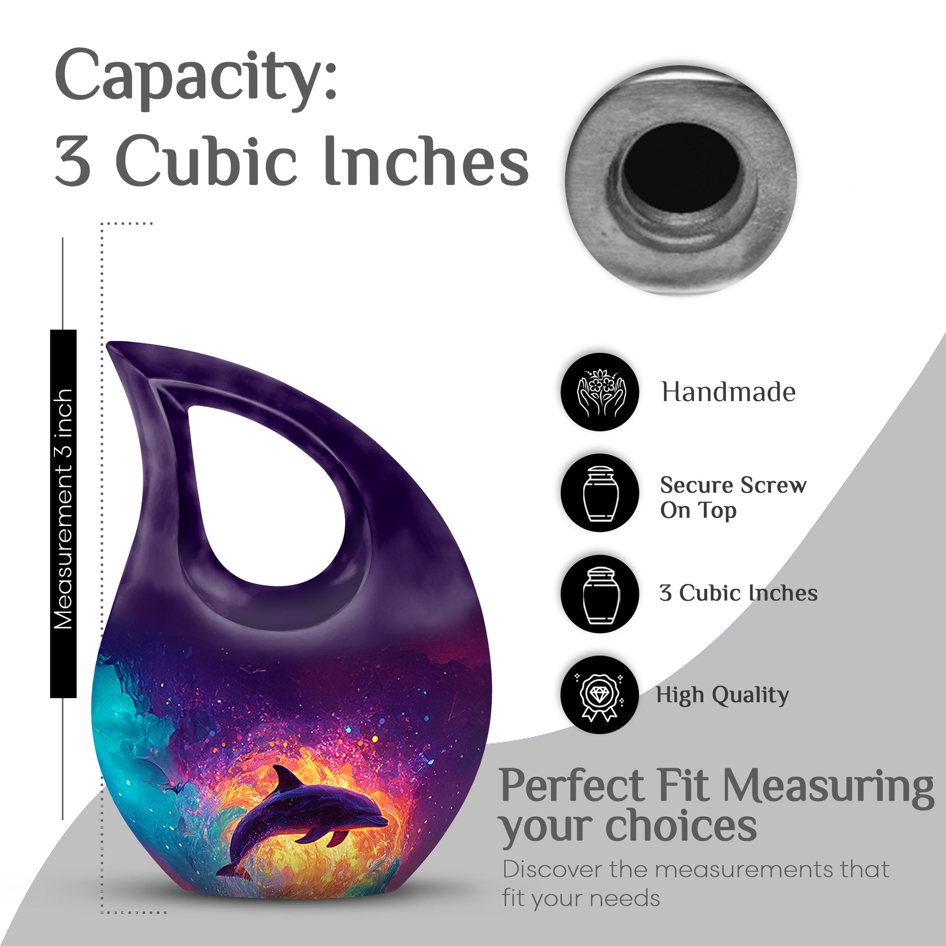 Royal Purple Dolphin Cremation Urn back view with polished surface - devotional cross-drop dolphin engraving - mini keepsake memorial for portion of cremation ashes