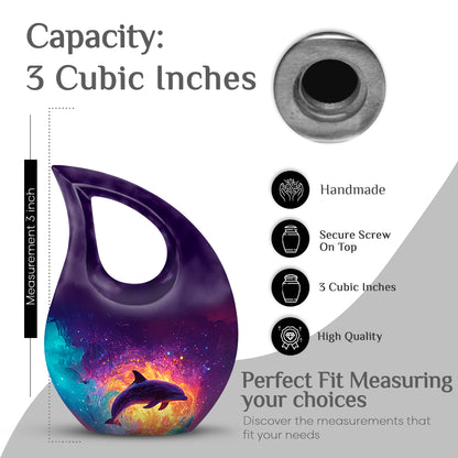 Royal Purple Dolphin Cremation Urn back view with polished surface - devotional cross-drop dolphin engraving - mini keepsake memorial for portion of cremation ashes