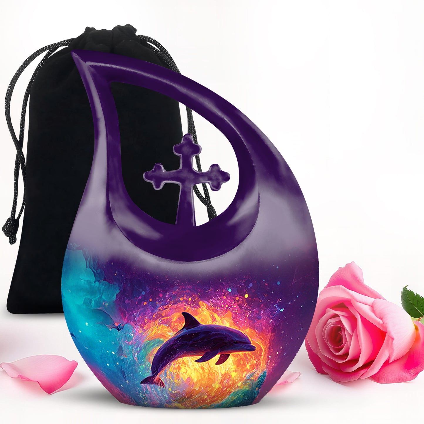 Royal Purple Dolphin Cremation Urn top-down view of secure threaded lid - devotional cross-drop dolphin engraving - full-size 10 inch 200 cubic inch adult cremation urn