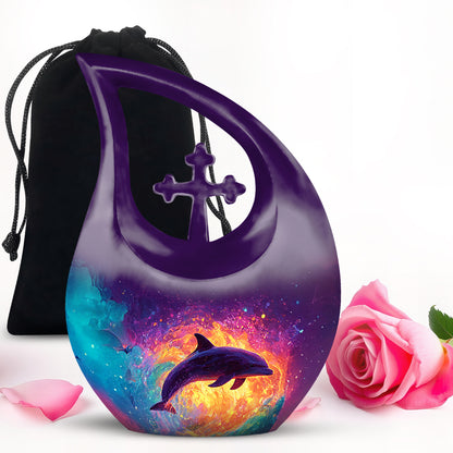 Royal Purple Dolphin Cremation Urn top-down view of secure threaded lid - devotional cross-drop dolphin engraving - full-size 10 inch 200 cubic inch adult cremation urn