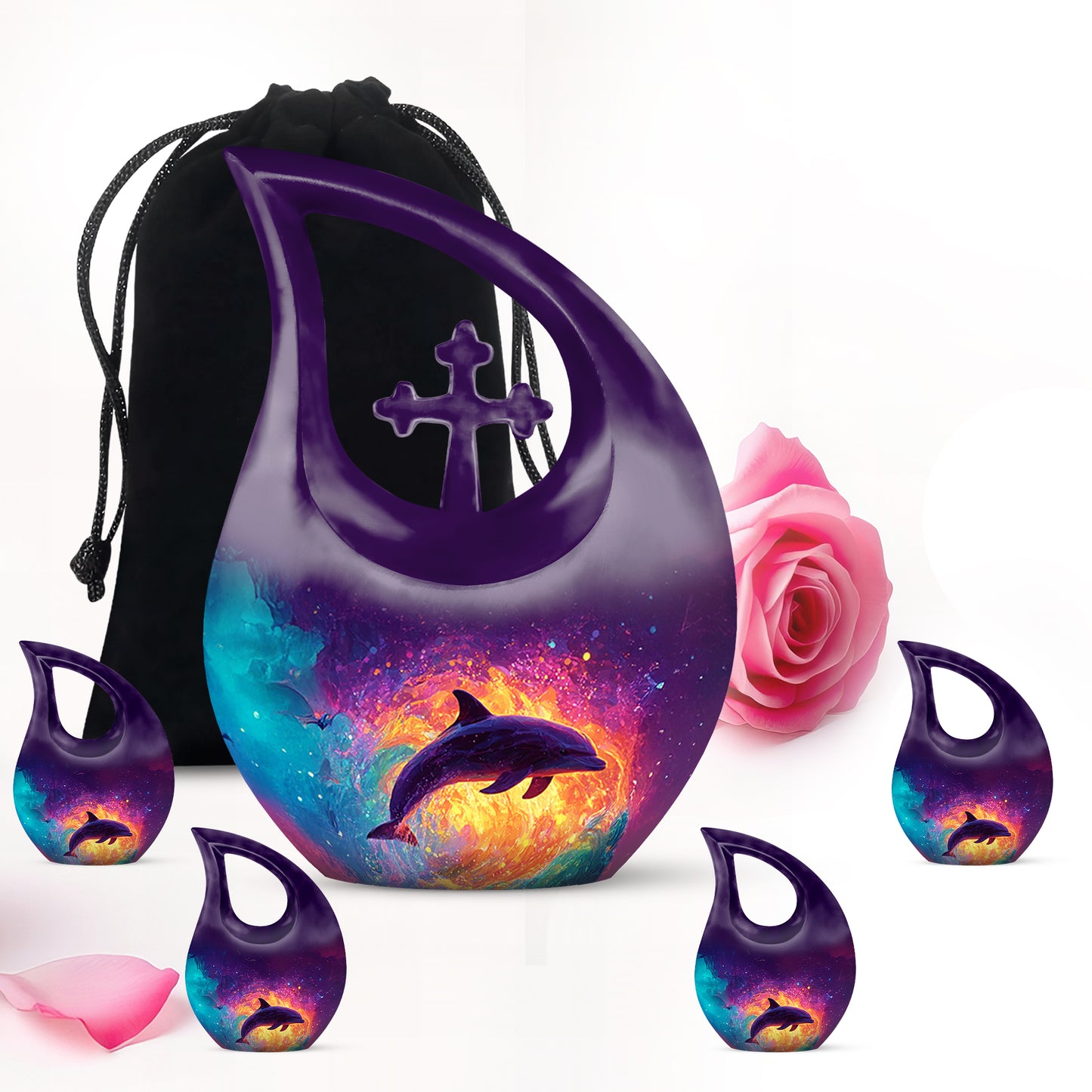 Amethyst Purple Dolphin Cremation Urn urn with complimentary velvet bag - cross and dolphin combined in spiritual memorial design - memorial set with one large and four small urns