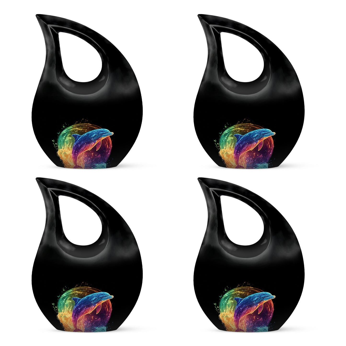 Obsidian Black Dolphin Cremation Urn lifestyle display on memorial shelf - devotional cross-drop dolphin engraving - 10 inch aluminum urn for cremated remains