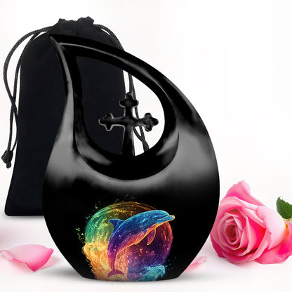 Onyx Black Dolphin Cremation Urn top-down view of secure threaded lid - faith-inspired cross-drop urn with dolphin pattern - full-size 10 inch 200 cubic inch adult cremation urn
