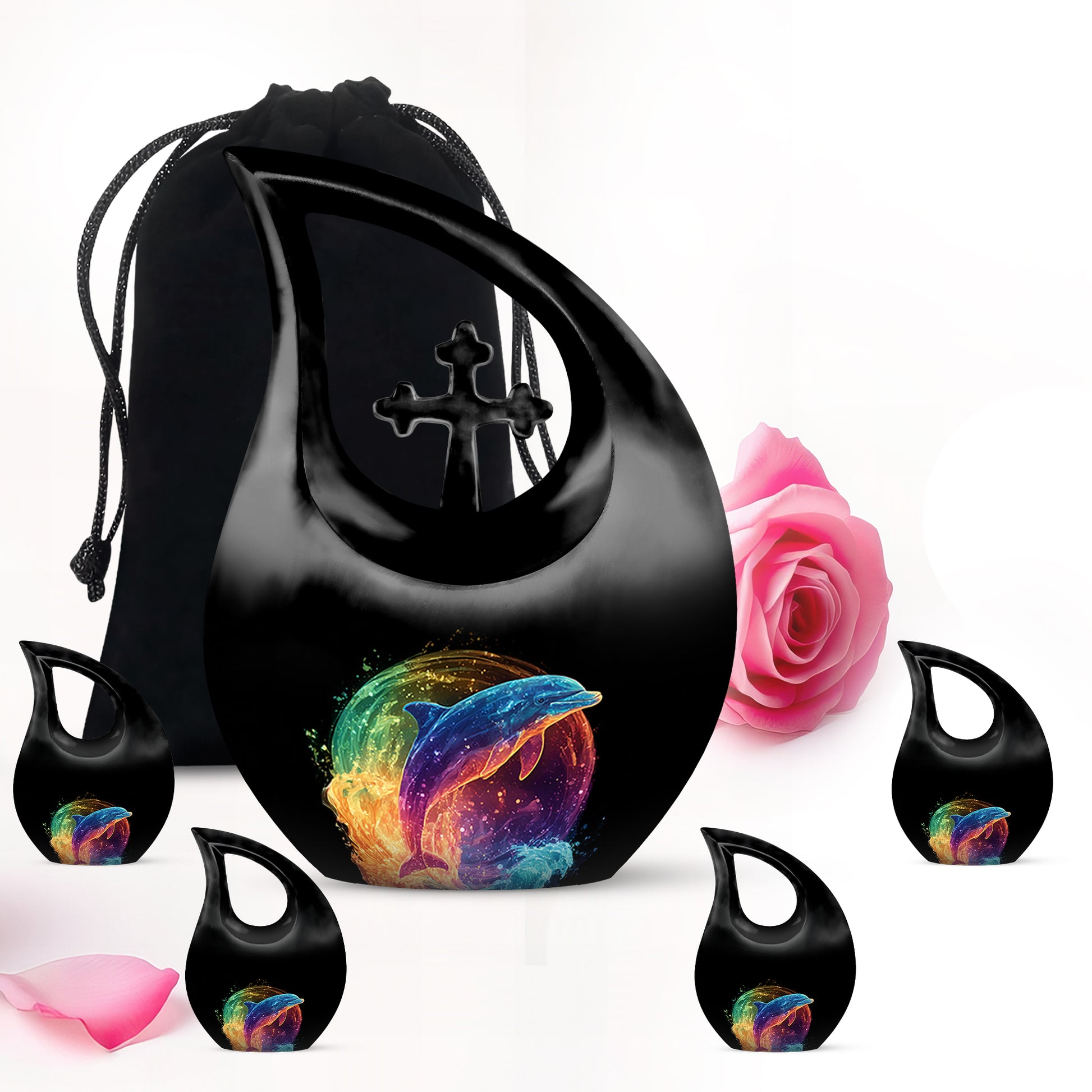 Charcoal Black Dolphin Cremation Urn urn with complimentary velvet bag - devotional cross-drop dolphin engraving - memorial set with one large and four small urns