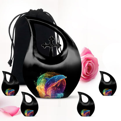 Charcoal Black Dolphin Cremation Urn urn with complimentary velvet bag - devotional cross-drop dolphin engraving - memorial set with one large and four small urns