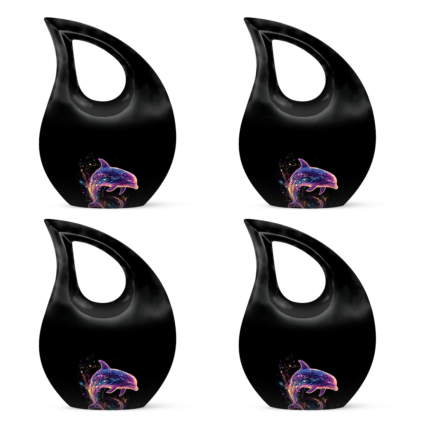 Jet Black Dolphin Cremation Urn lifestyle display on memorial shelf - sacred cross merged with dolphin motif on metal - 10 inch aluminum urn for cremated remains