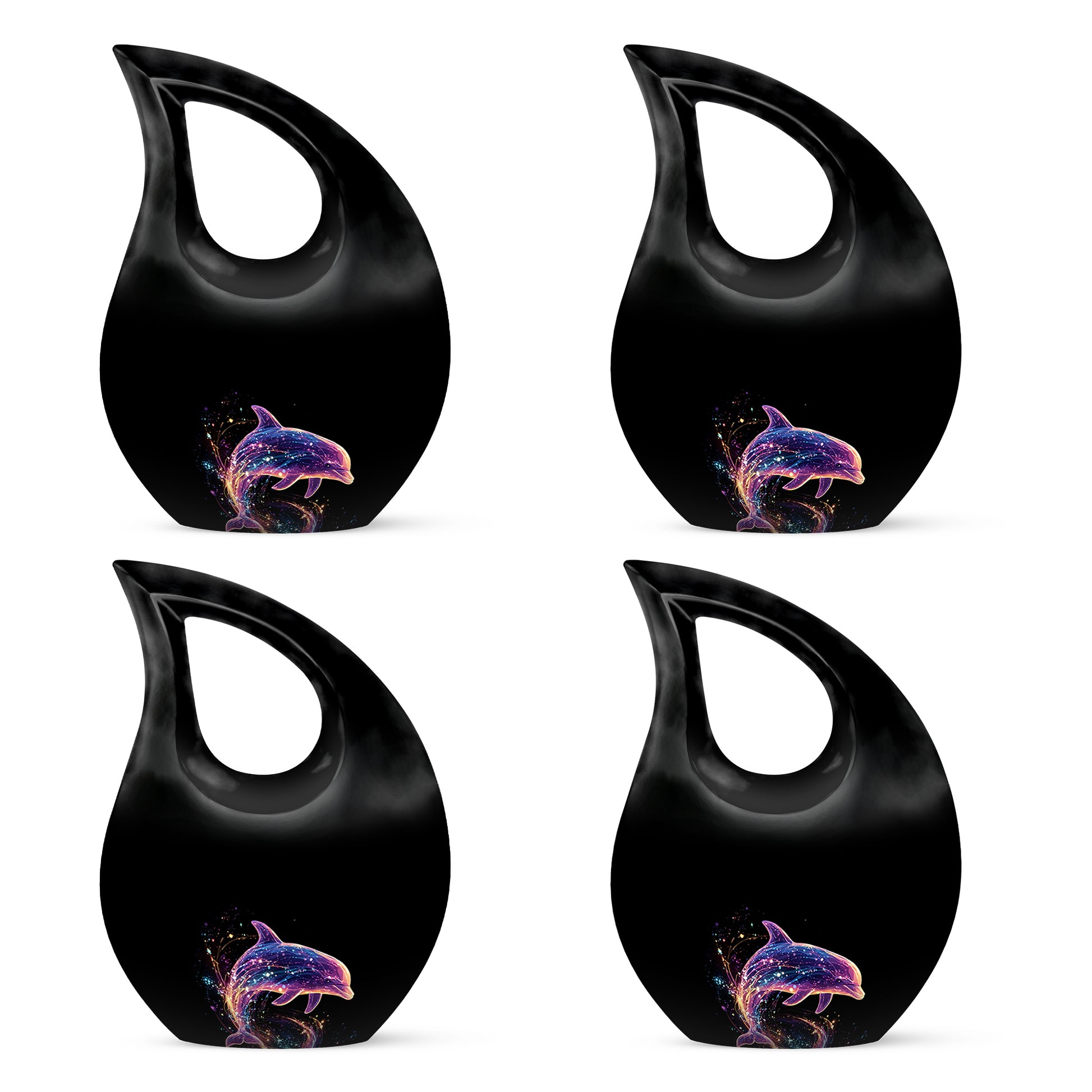 Jet Black Dolphin Cremation Urn lifestyle display on memorial shelf - sacred cross merged with dolphin motif on metal - 10 inch aluminum urn for cremated remains