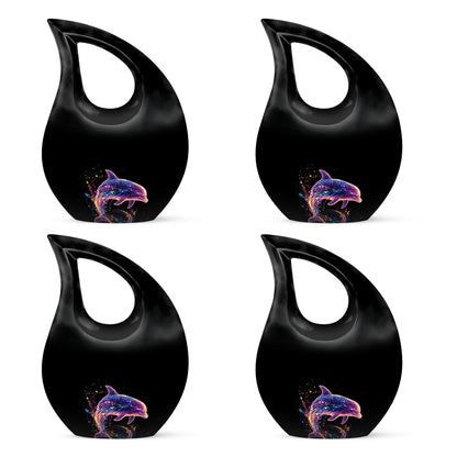 Jet Black Dolphin Cremation Urn lifestyle display on memorial shelf - sacred cross merged with dolphin motif on metal - 10 inch aluminum urn for cremated remains