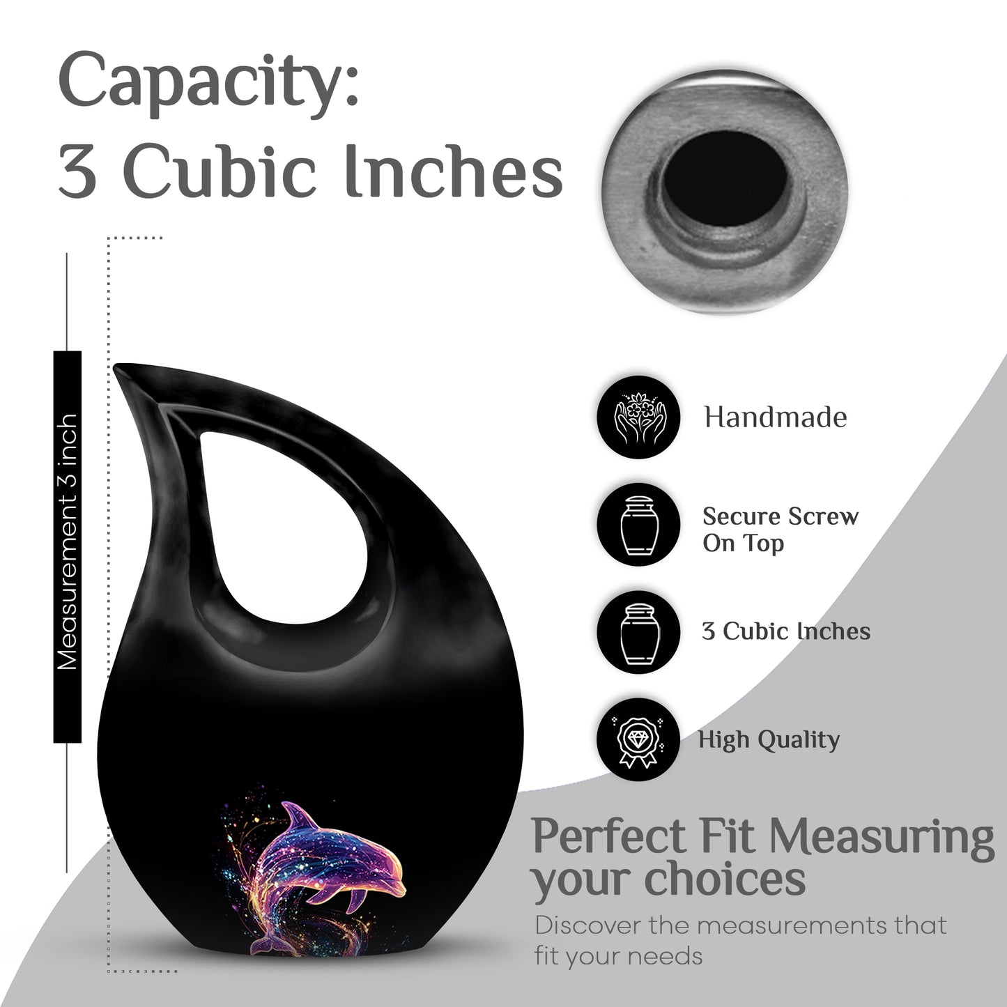 Obsidian Black Dolphin Cremation Urn back view with polished surface - faith-inspired cross-drop urn with dolphin pattern - mini keepsake memorial for portion of cremation ashes
