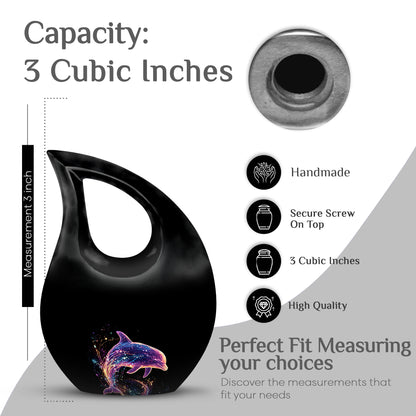 Obsidian Black Dolphin Cremation Urn back view with polished surface - faith-inspired cross-drop urn with dolphin pattern - mini keepsake memorial for portion of cremation ashes